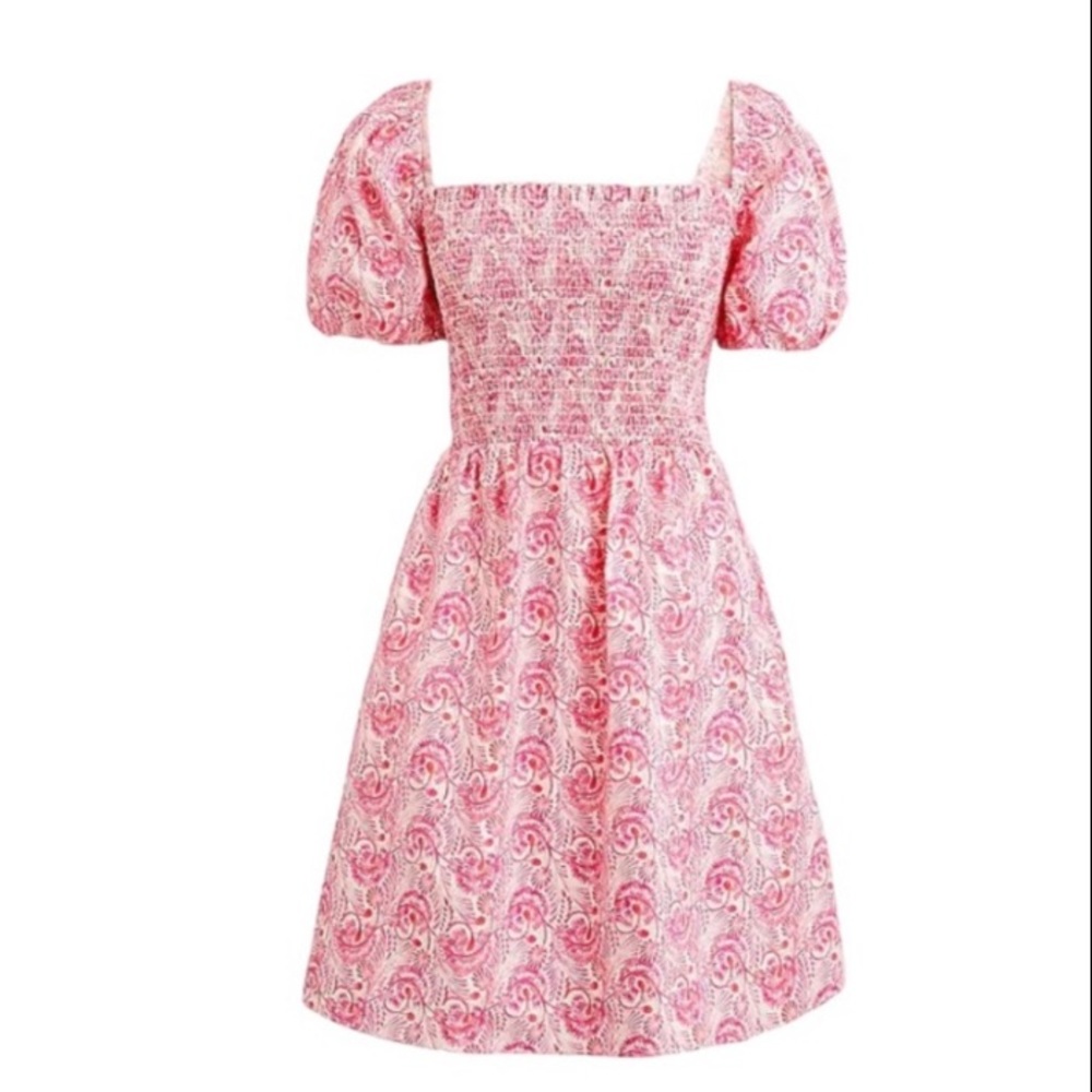 J Crew Puff Sleeve Smocked Mini Dress in Dandelion Swirl Pink/White Sz M - Picture 3 of 14